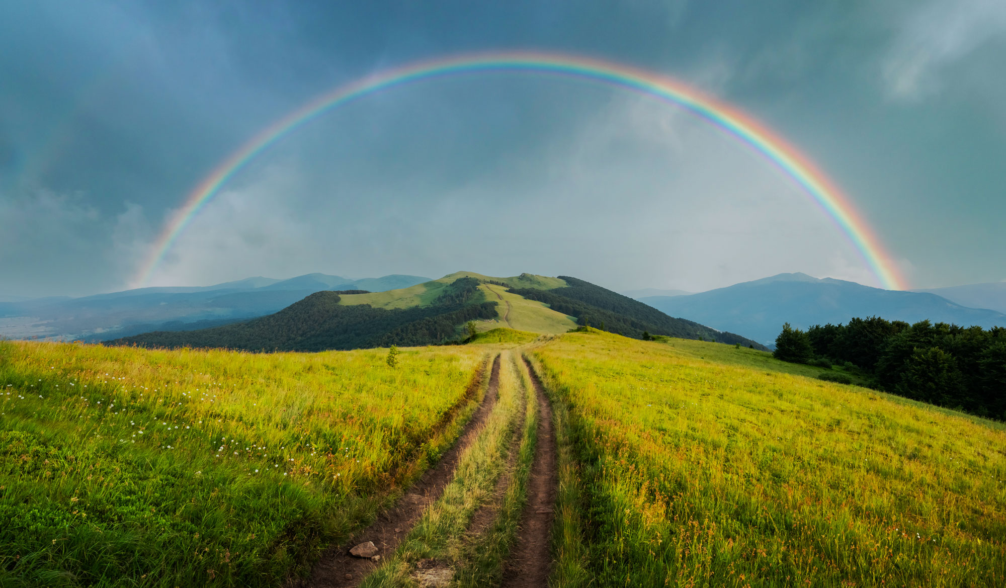 Regenbogen über Weg und Berg